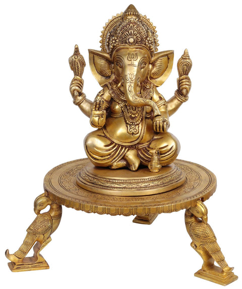 15" Lord Ganesha Brass Statue on Parrot Chowki | Handmade Spiritual Art | Made in India