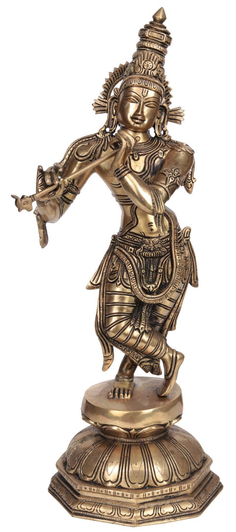 18" Krishna Playing Flute in Brass | Handcrafted Divine Sculpture | Made in India