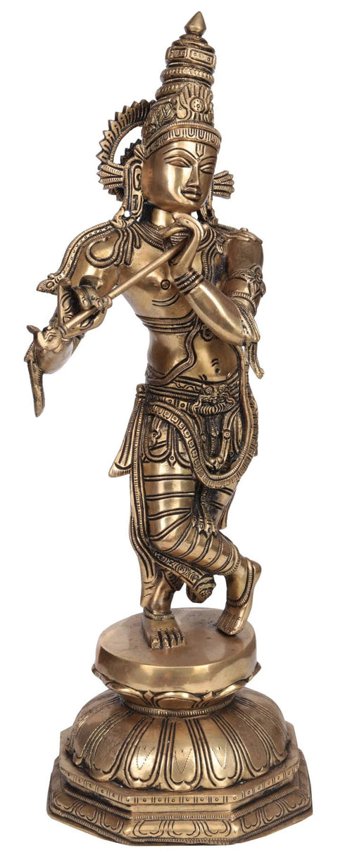 18" Krishna Playing Flute in Brass | Handcrafted Divine Sculpture | Made in India
