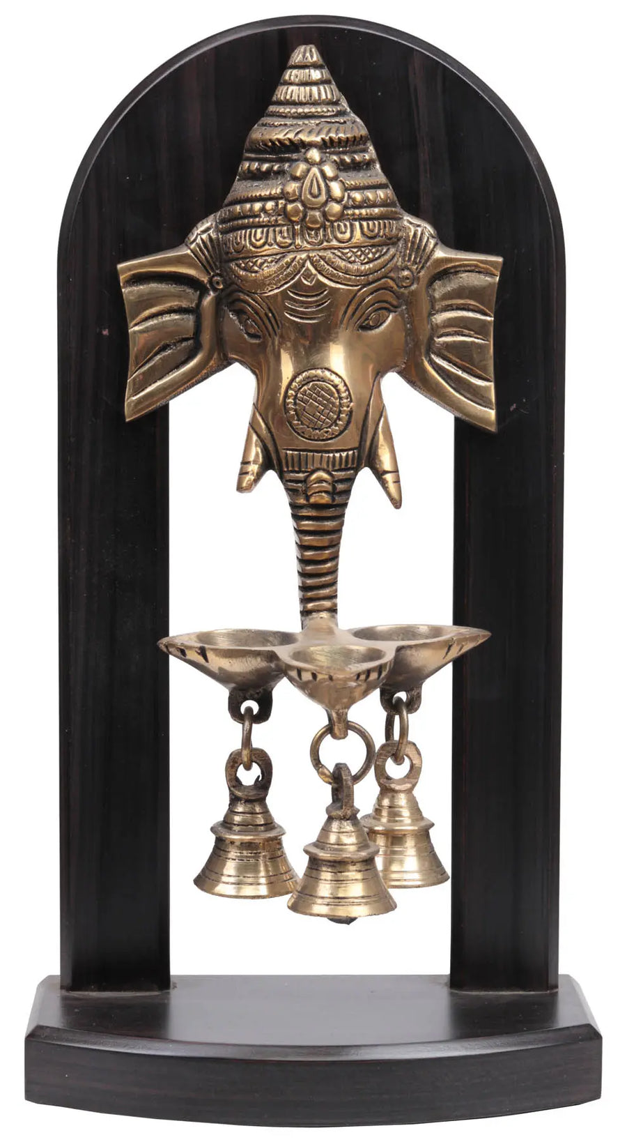 Wooden Ganesha Idol with Lamps and Bells for Pooja
