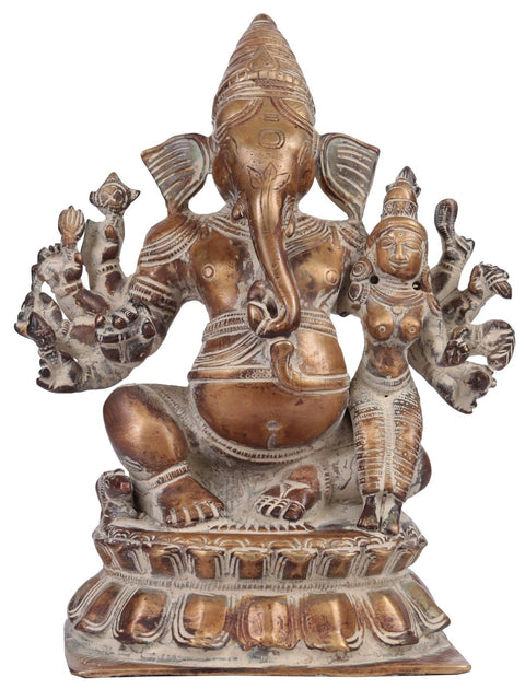 9" Ten-Armed Ganesha with Goddess Shakti Brass Statue - Handmade, Authentic Indian Craft