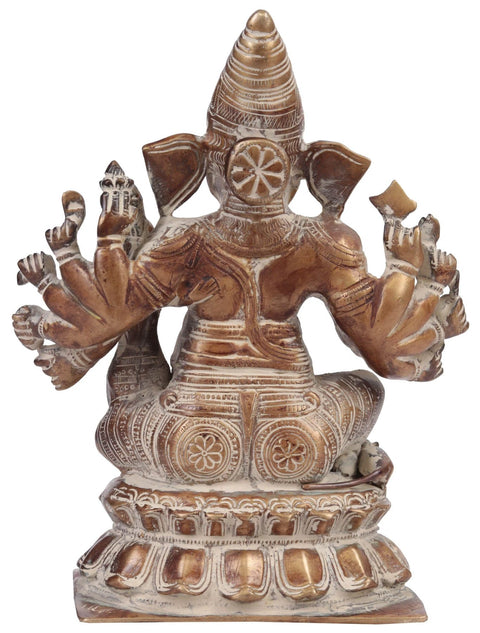 9" Ten-Armed Ganesha with Goddess Shakti Brass Statue - Handmade, Authentic Indian Craft