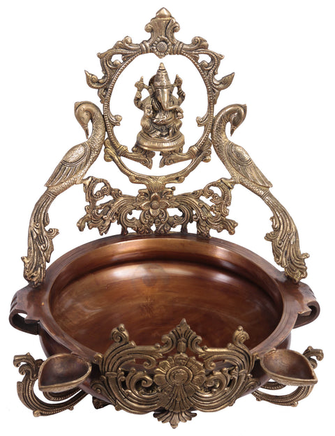 16" Brass Ganesha Urli with Peacock & Lamps - Handmade Indian Decor for Spiritual Elegance