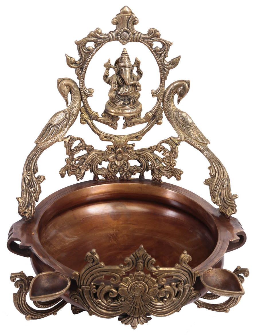 16" Brass Ganesha Urli with Peacock and Lamps Handmade Statue