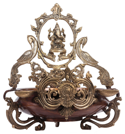 16" Brass Ganesha Urli with Peacock & Lamps - Handmade Indian Decor for Spiritual Elegance