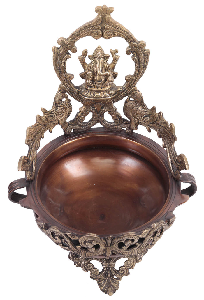 11" Ganesha Urli with Peacocks Brass Statue Handmade