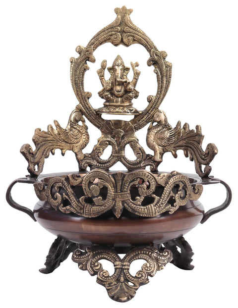 11" Ganesha Urli with Peacocks in Brass | Handmade | Made in India