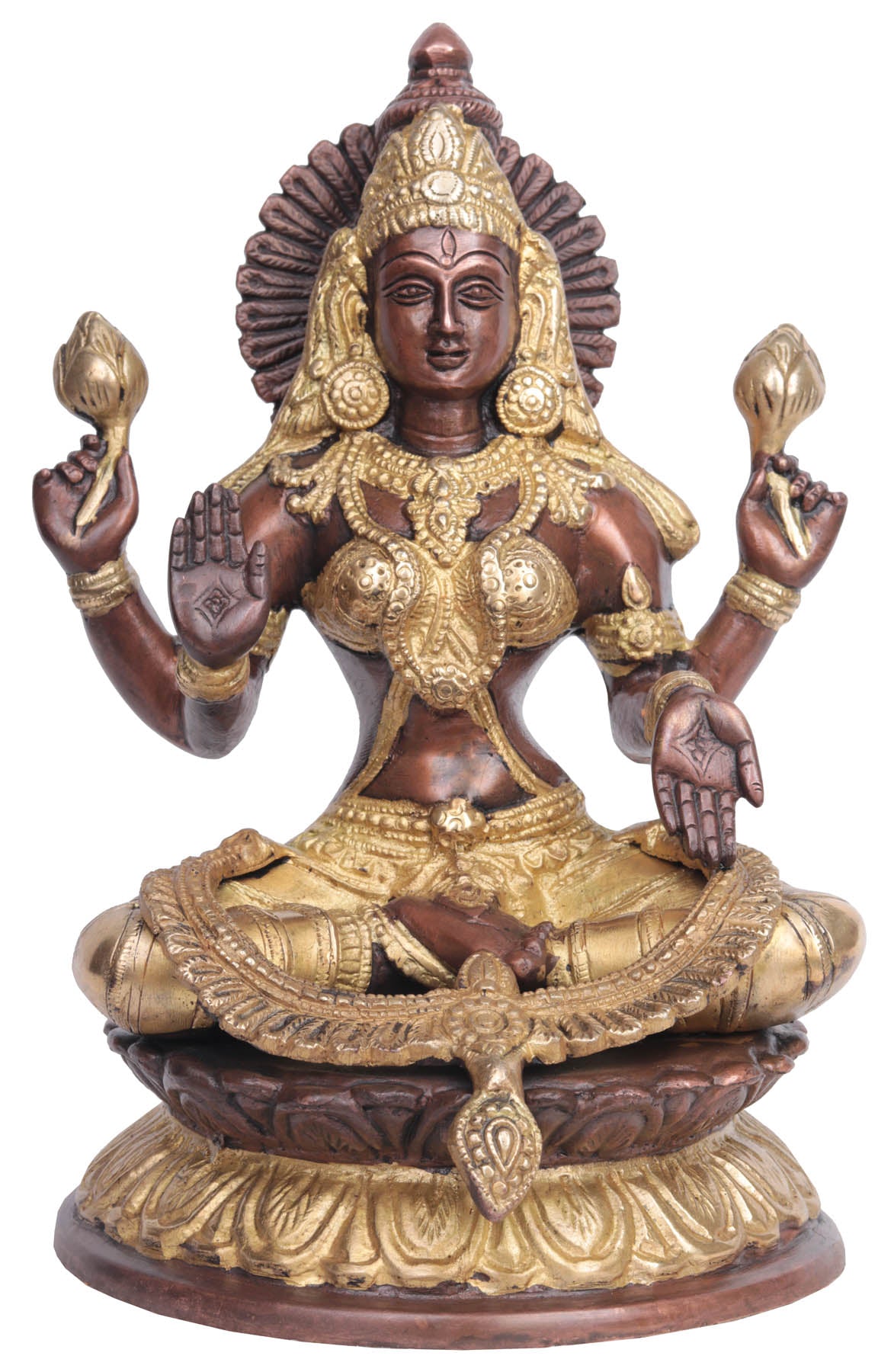 9" Brass Goddess Lakshmi Statue Seated on Lotus Pedestal - Handmade, Authentic Indian Craft