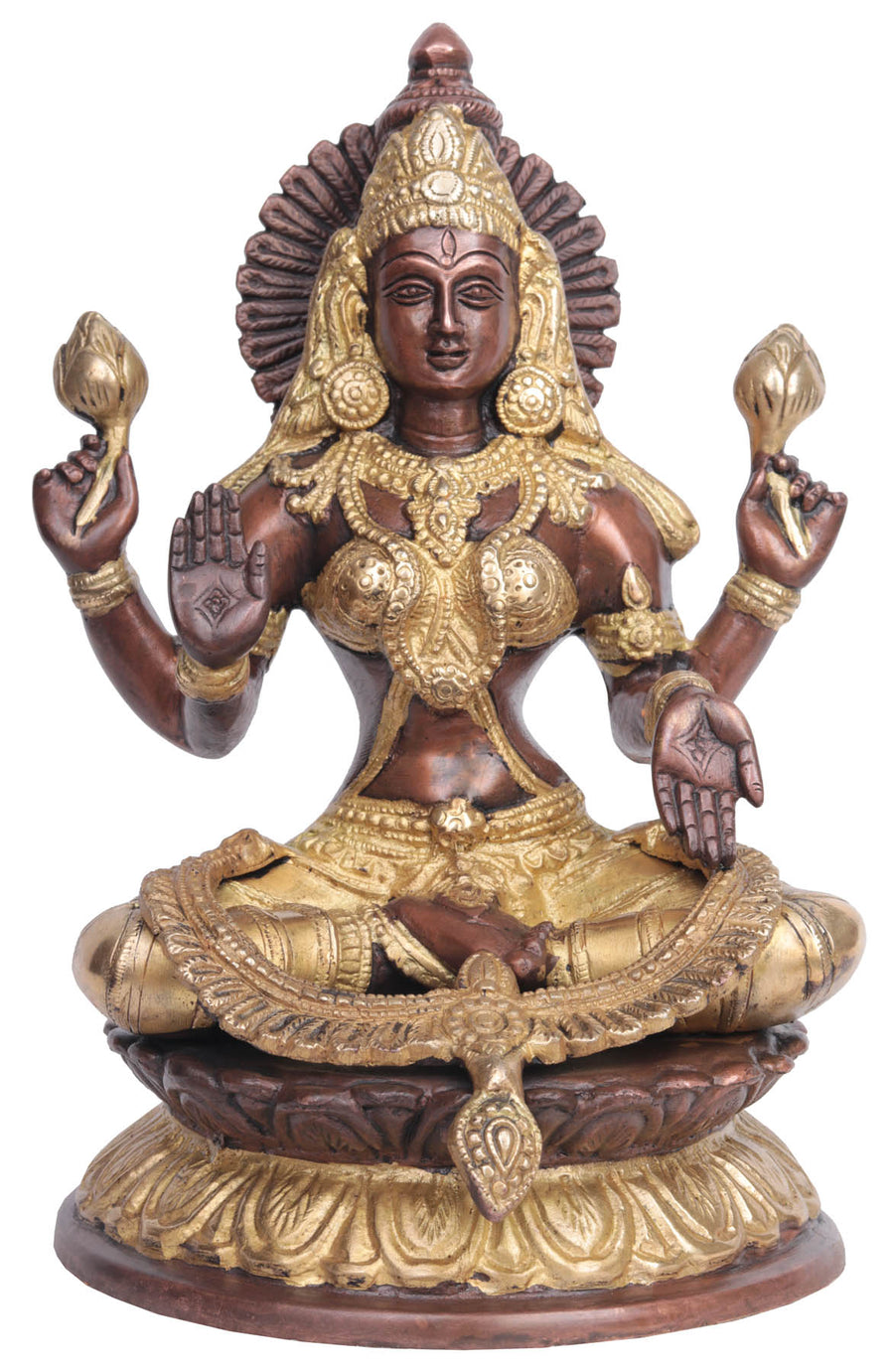9" Brass Goddess Lakshmi Statue on Lotus Pedestal Handmade