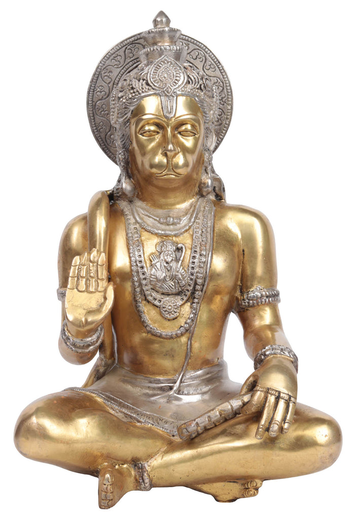 11" Hanuman Brass Statue Handmade with Golden and Silver Finish