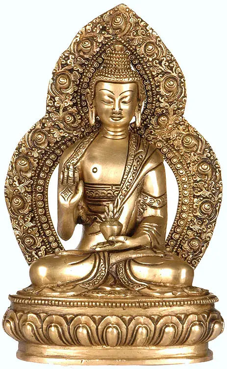 9" Handmade Brass Buddha Statue with Aureole for Meditation