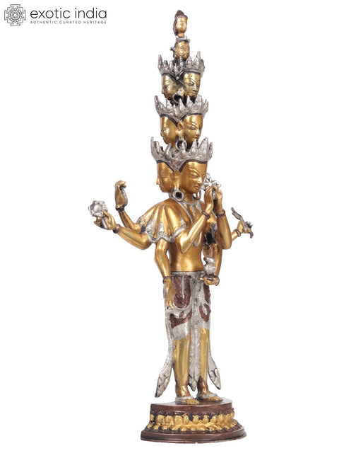 23" Tibetan Buddhist Deity Eleven Headed Thousand Armed Avalokiteshvara In Brass | Handmade | Made In India