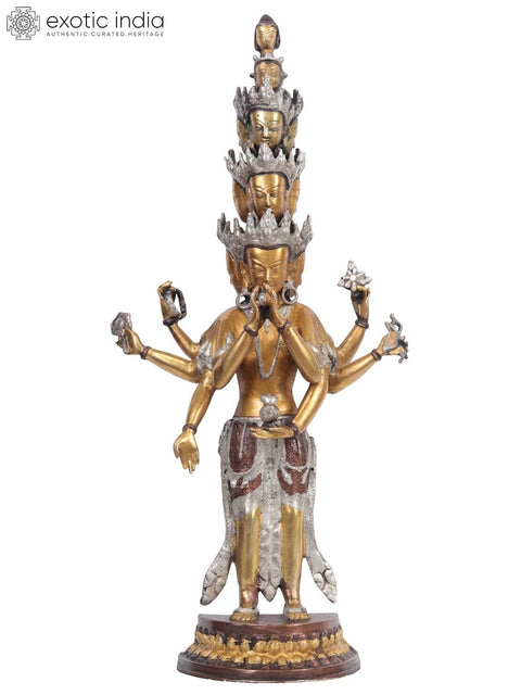 23" Tibetan Buddhist Deity Eleven Headed Thousand Armed Avalokiteshvara Brass Statue