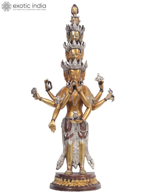23" Tibetan Buddhist Deity Eleven Headed Thousand Armed Avalokiteshvara In Brass | Handmade | Made In India