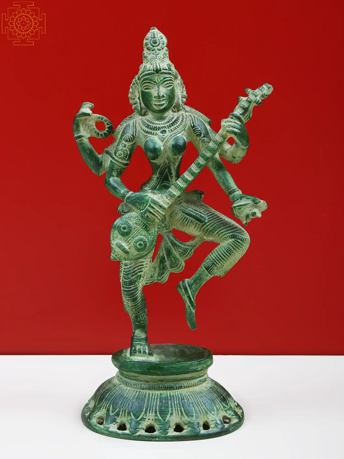 10" Dancing Goddess Saraswati Handmade Brass Statue