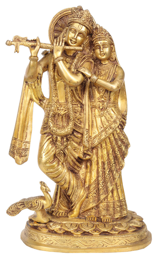 11" Handmade Radha Krishna Brass Statue with Peacock