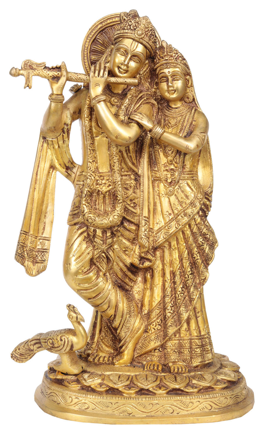 11" Handmade Radha Krishna Brass Statue with Peacock