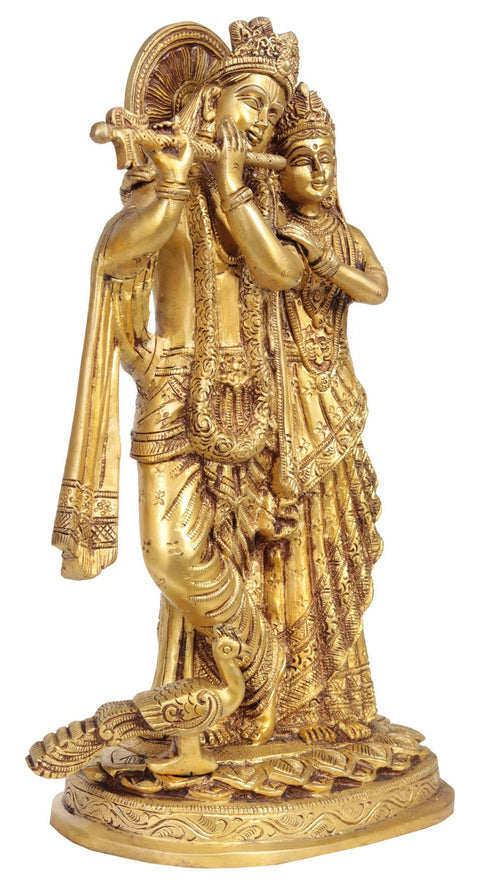 11" Radha Krishna Statue with Peacock | Handmade Brass Idol | Made in India