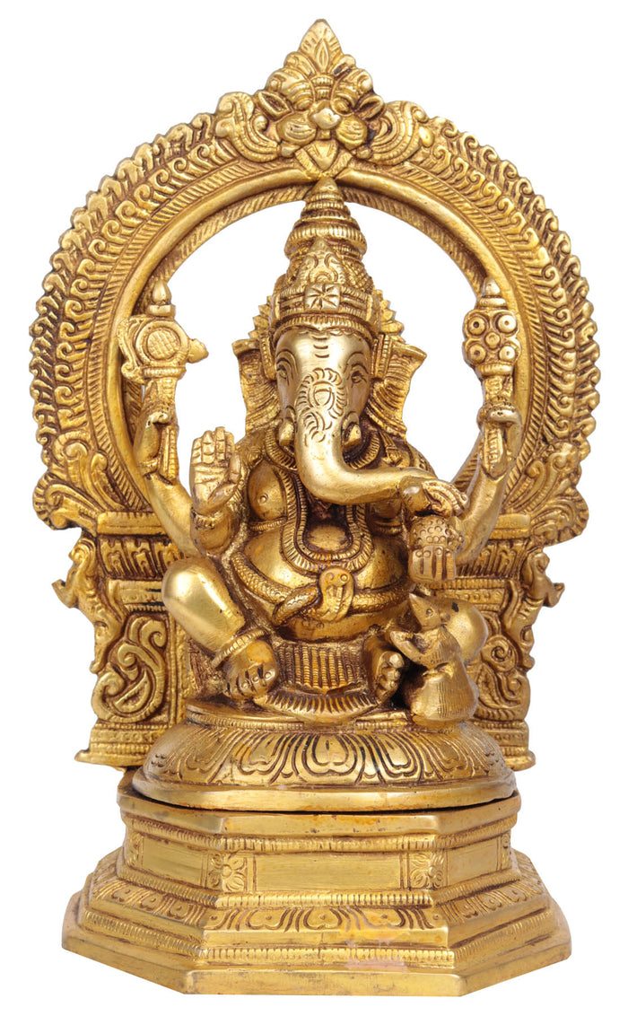 9" Lord Ganesha Brass Statue with Aureole | Handmade | Made in India