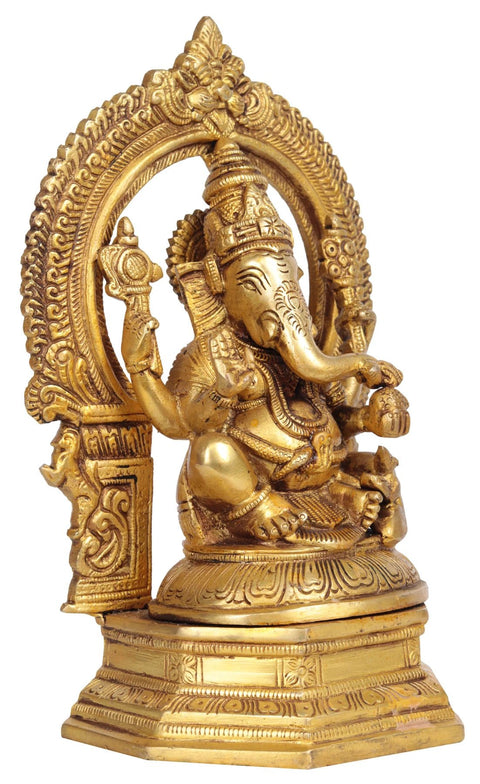 9" Lord Ganesha Brass Statue with Aureole | Handmade | Made in India