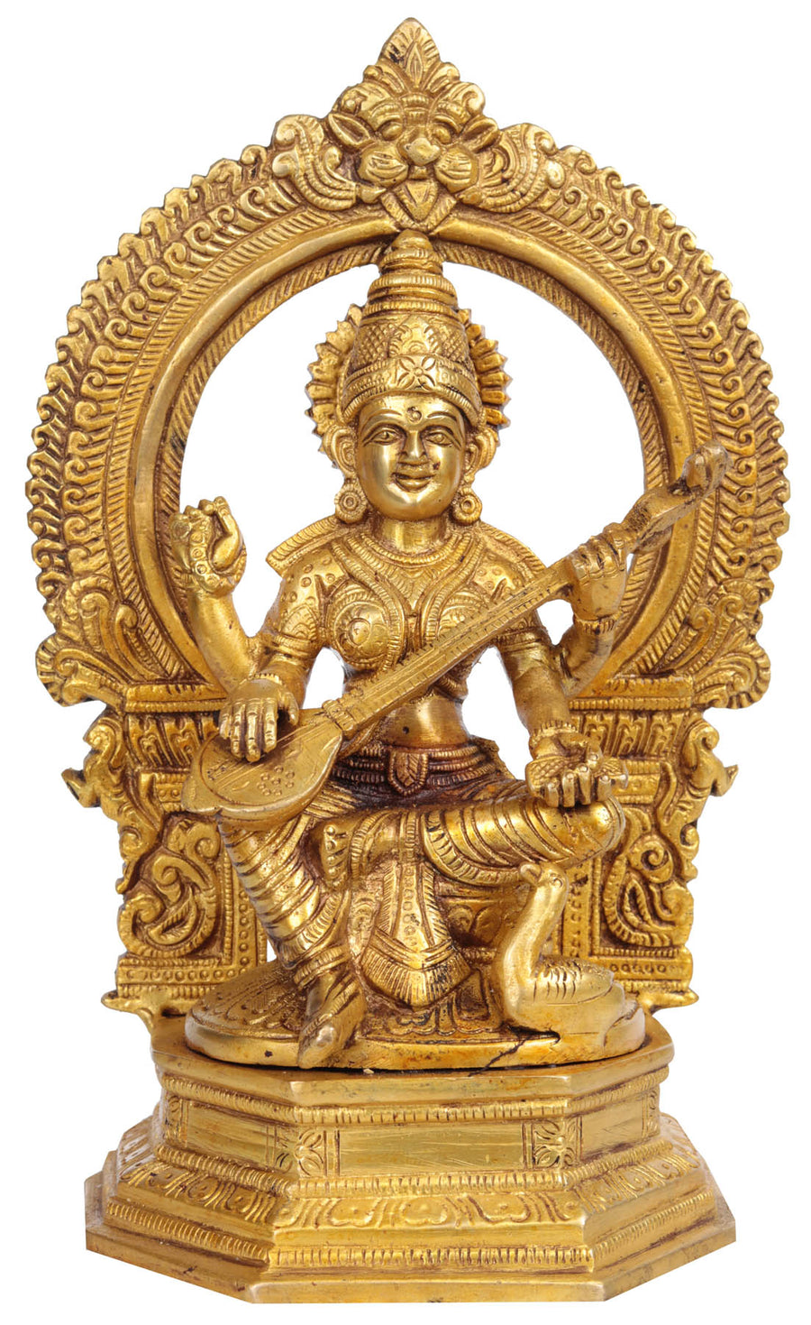 9" Brass Goddess Saraswati with Aureole Statue Handmade