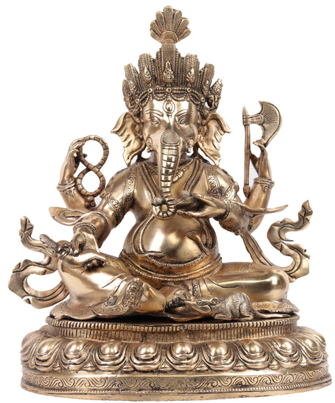 16" Lord Ganesha in Nepalese Style In Brass | Handmade | Made In India