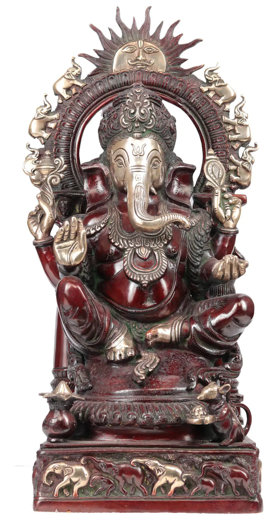 24" Lord Ganesha Brass Statue with Surya and Marching Elephants Aureole