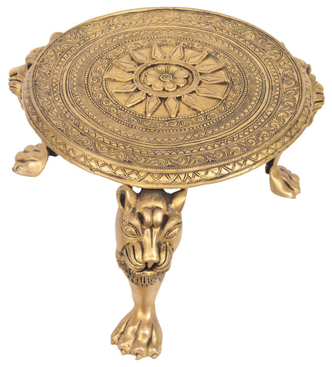 Engraved Ritual Chowki with Lions Heads as Stand