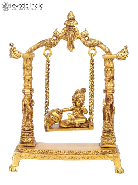 11" Butter Krishna Idol on a Swing | Handmade Brass Statue | Made in India