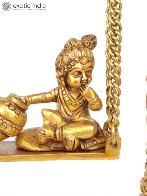 11" Butter Krishna Idol on a Swing | Handmade Brass Statue | Made in India