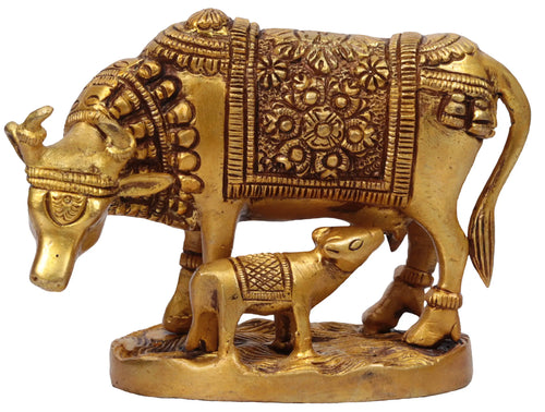 5" Mother Cow with Calf Handmade Brass Statue