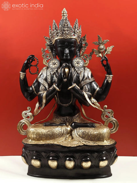 38" Tibetan Buddhist Bodhisattva Deity Chenrezig (Large Size Shadakshari Lokeshvara) In Brass | Handmade | Made In India