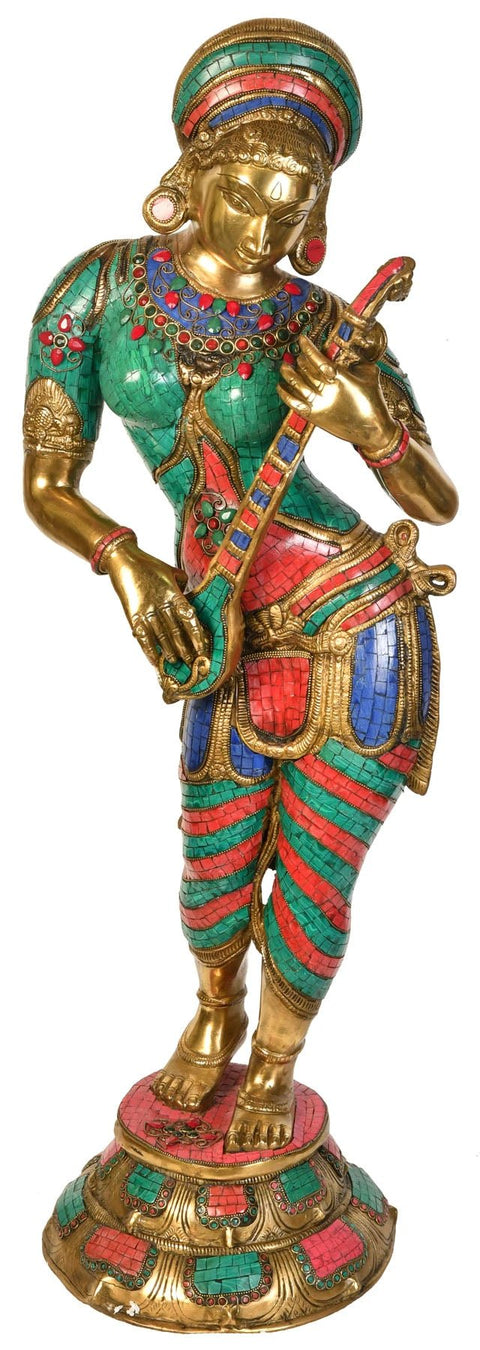 38" Large Size Standing Goddess Saraswati In Brass | Handmade | Made In India