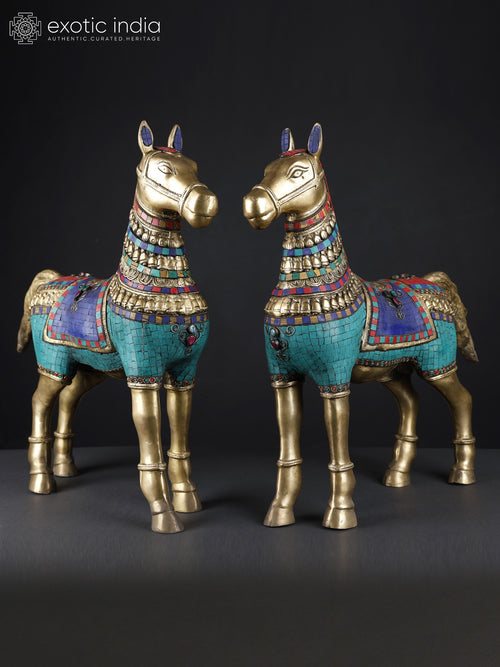 Pair of Decorated Brass Horses Statue for Home Decor