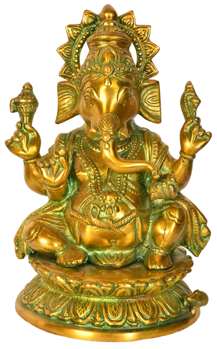 9" Lord Ganesha Seated on Lotus Base Brass Statue Handmade