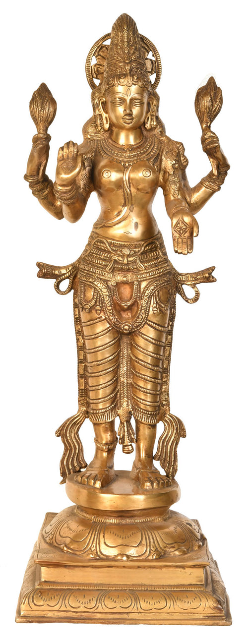 27" Lakshmi Brass Statue with Haloed Crown - Handmade Home Decor