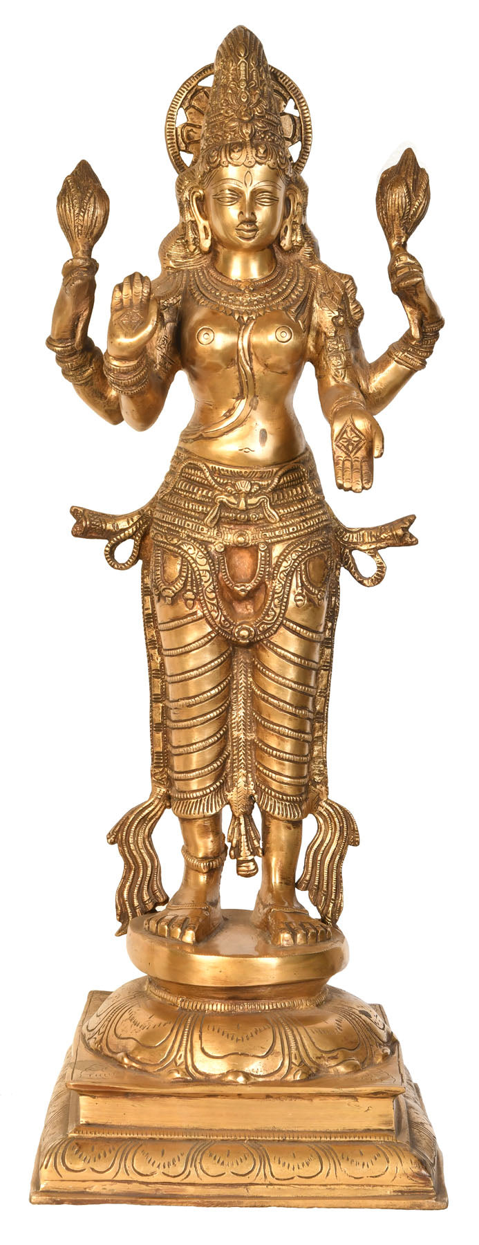 27" Lakshmi Brass Statue with Haloed Crown - Handmade Home Decor