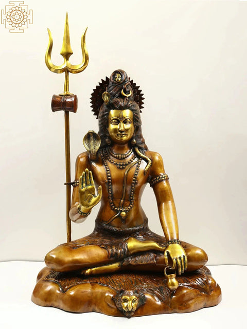 26" Blessing Lord Shiva Brass Statue seated on Mountain - Handmade Indian Craft for Spiritual Blessings