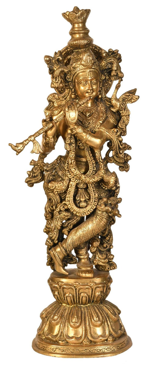 24" Ornamented Krishna on Double Lotus Pedestal In Brass | Handmade | Made In India