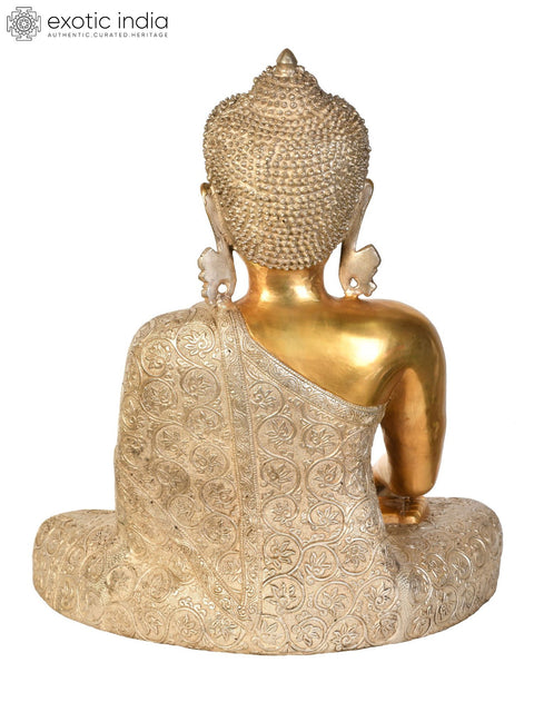 17" Tibetan Buddhist Lord Buddha Wearing a Carved Robe in Earth Touching Gesture In Brass | Handmade | Made In India