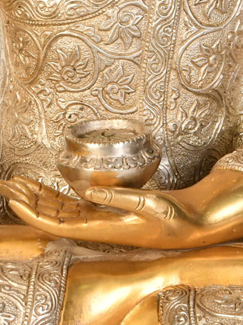 17" Tibetan Buddhist Lord Buddha Wearing a Carved Robe in Earth Touching Gesture In Brass | Handmade | Made In India