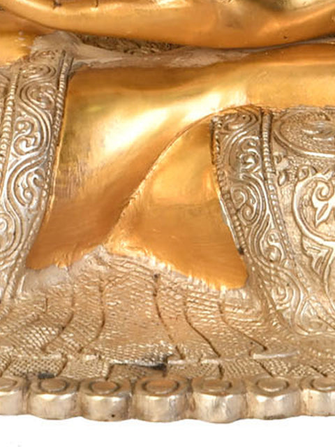 17" Tibetan Buddhist Lord Buddha Wearing a Carved Robe in Earth Touching Gesture In Brass | Handmade | Made In India