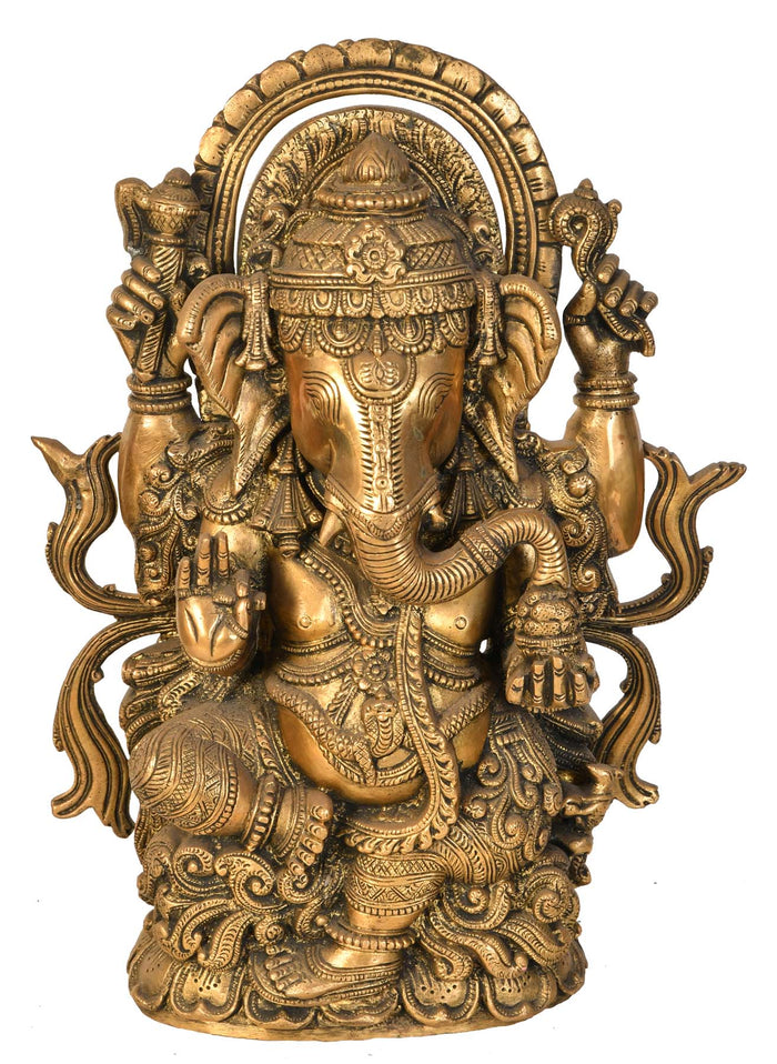12" Handmade Ornamented Lord Ganesha Brass Statue