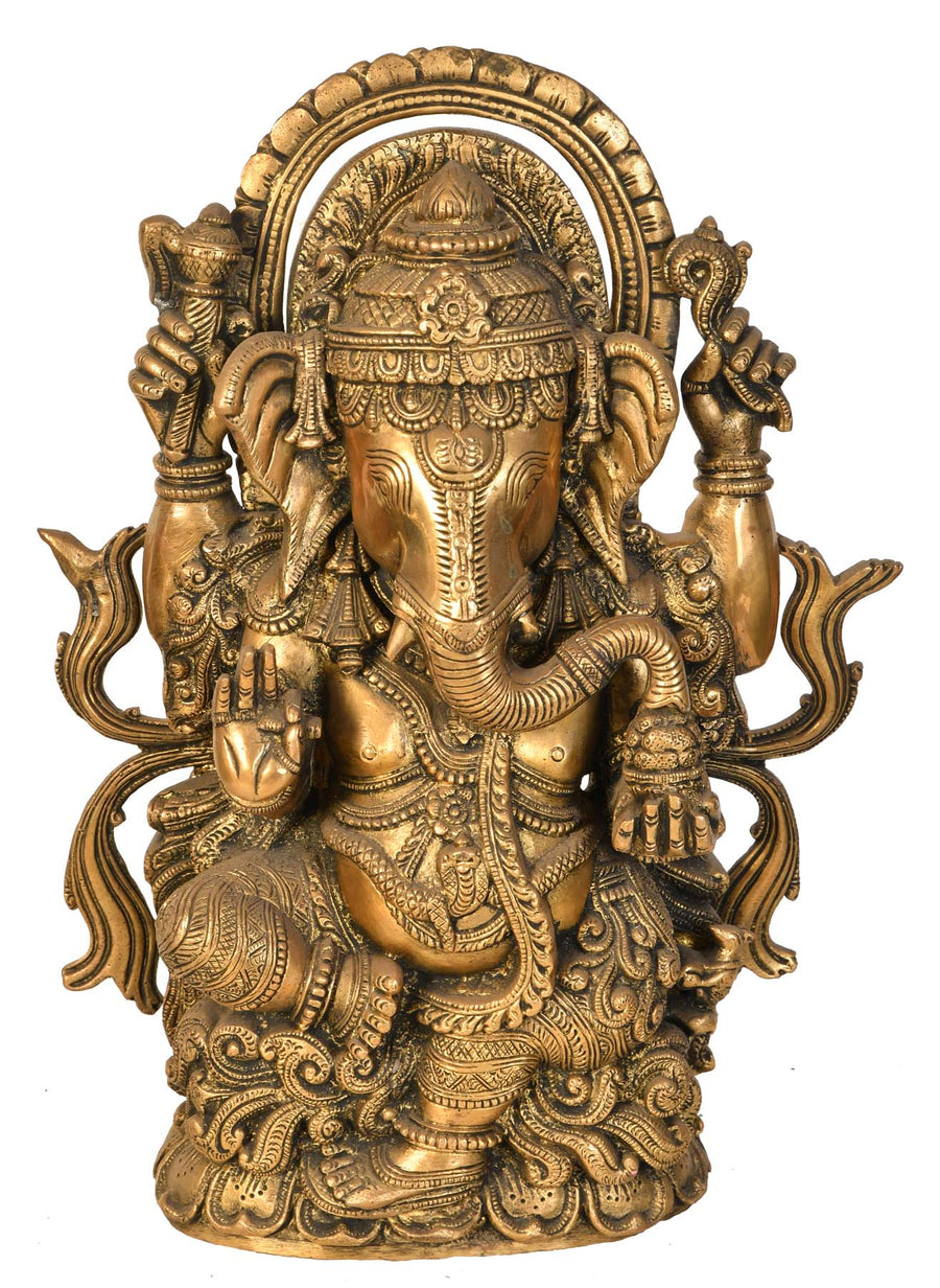 12" Handmade Ornamented Lord Ganesha Brass Statue