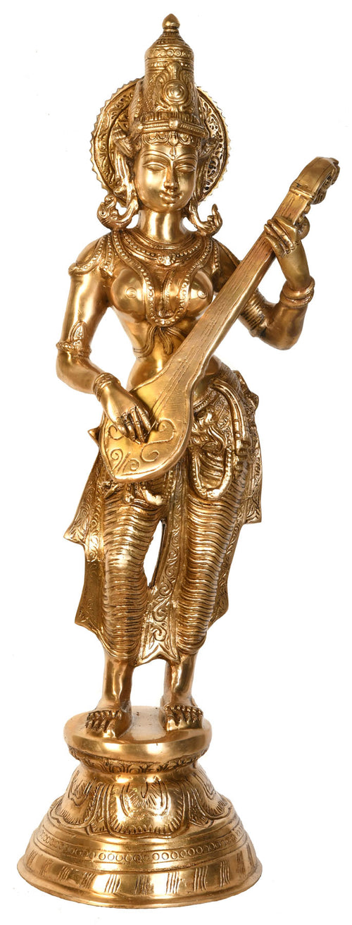 28" Brass Goddess Saraswati Playing Veena Handmade Statue