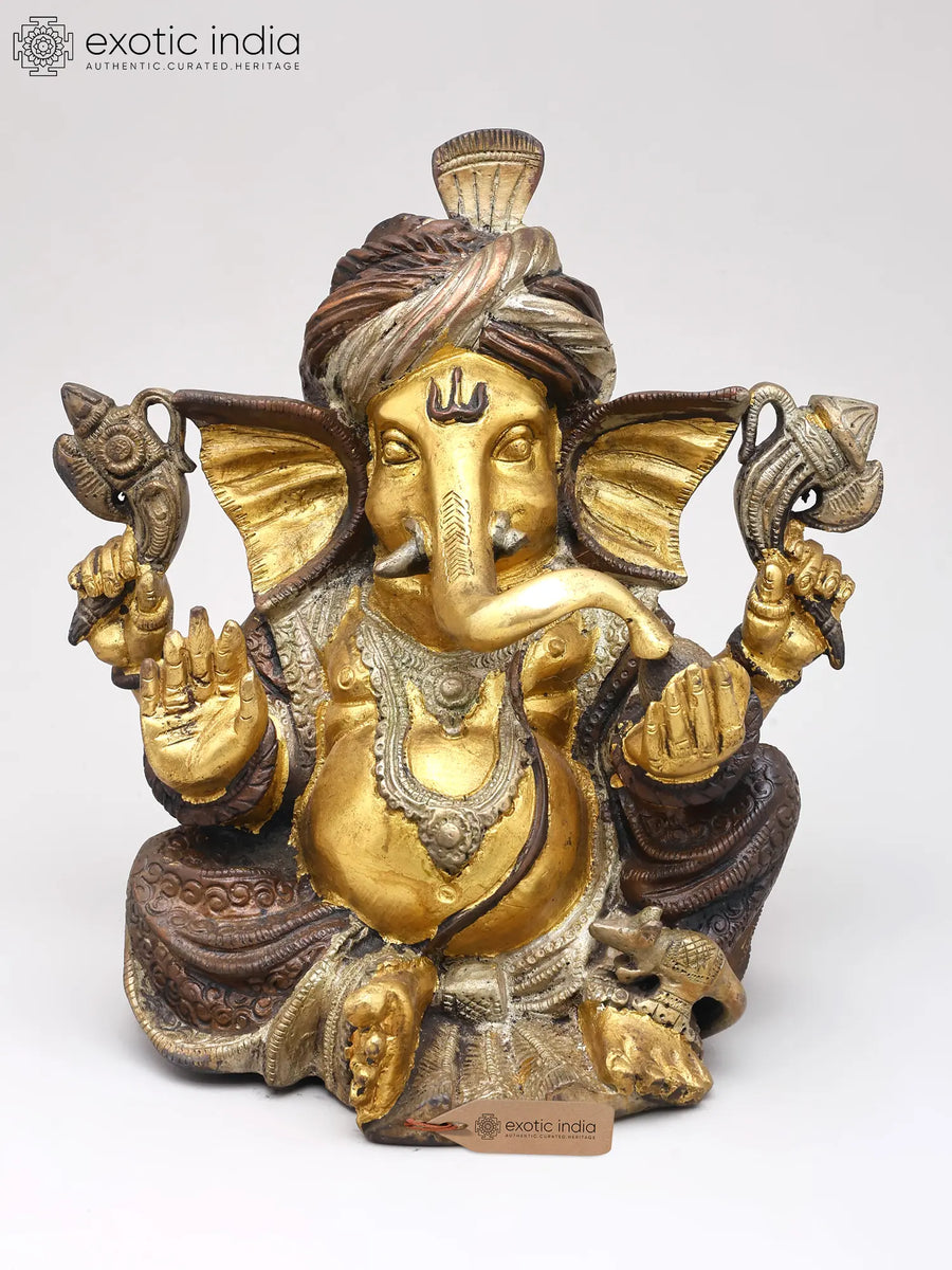 8" Handmade Brass Pagdi Ganesha Statue for Pooja