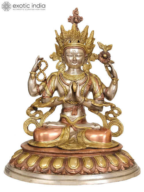 18" Four-Armed Chenrezig Brass Statue - Handmade Tibetan Buddhist Deity