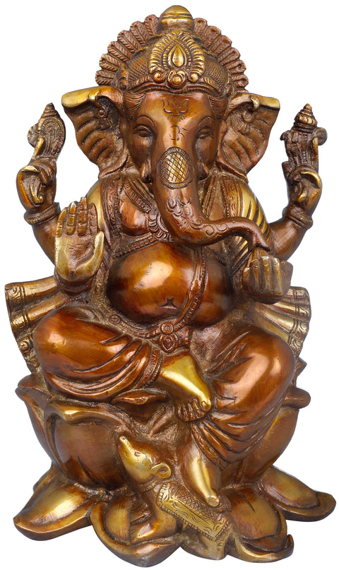 9" Ganesha Seated on Lotus In Brass | Handmade | Made In India