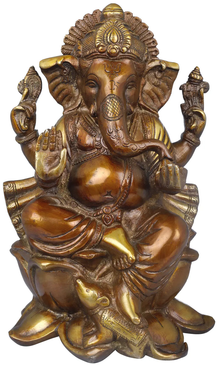 9" Ganesha Seated on Lotus Brass Statue Handmade