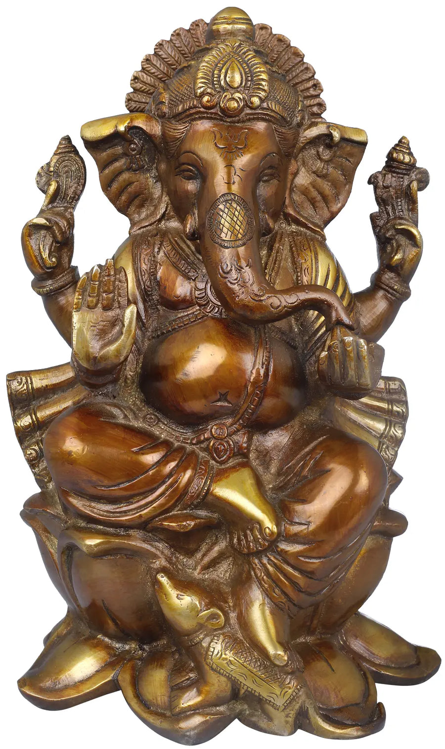 9" Ganesha Seated on Lotus Brass Statue Handmade